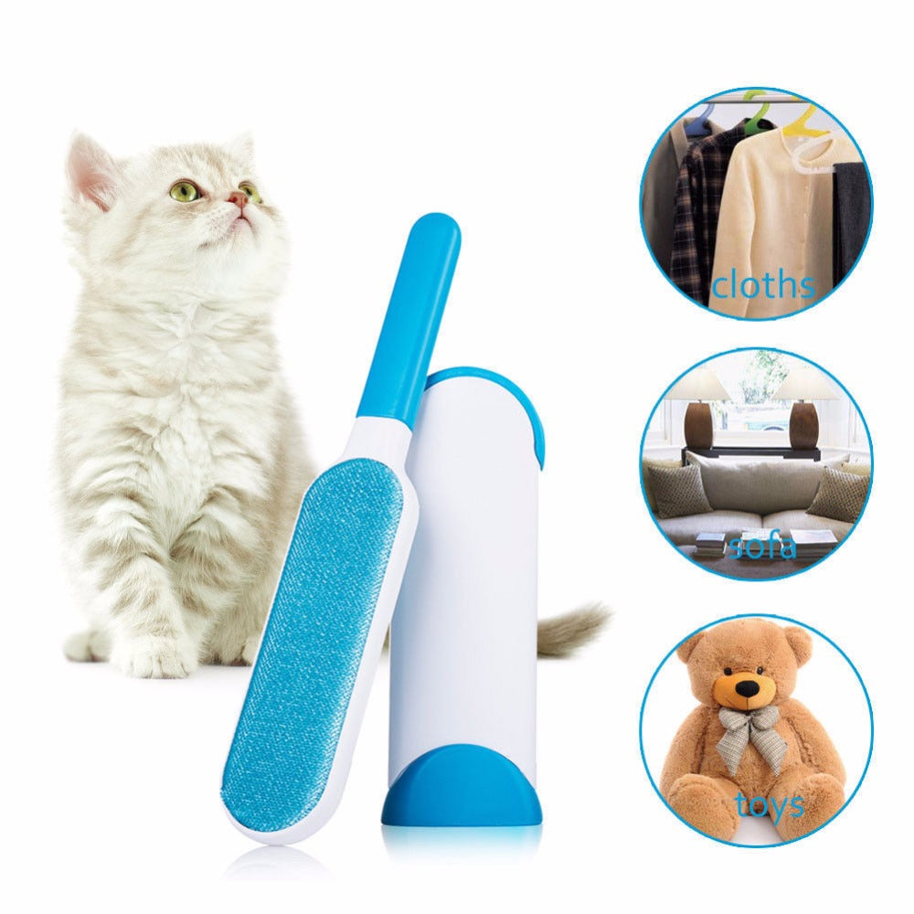 Pet grooming brush with a cat, clothes, sofa, and teddy bear illustrations on a white background